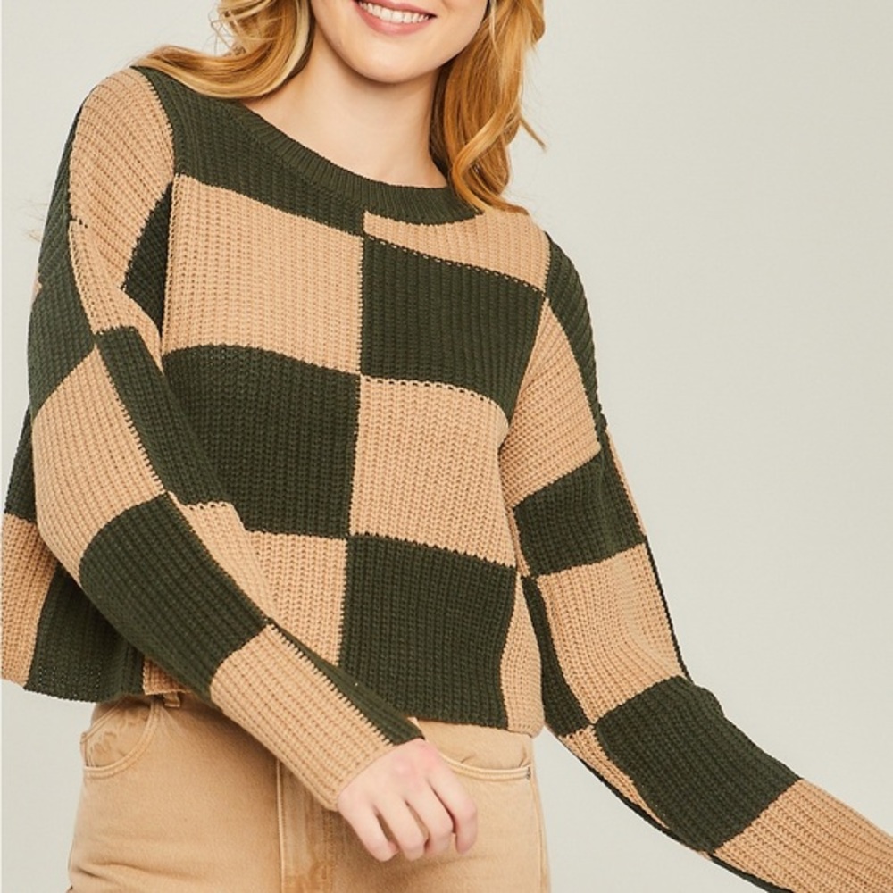 Checkered print sweater top (green)